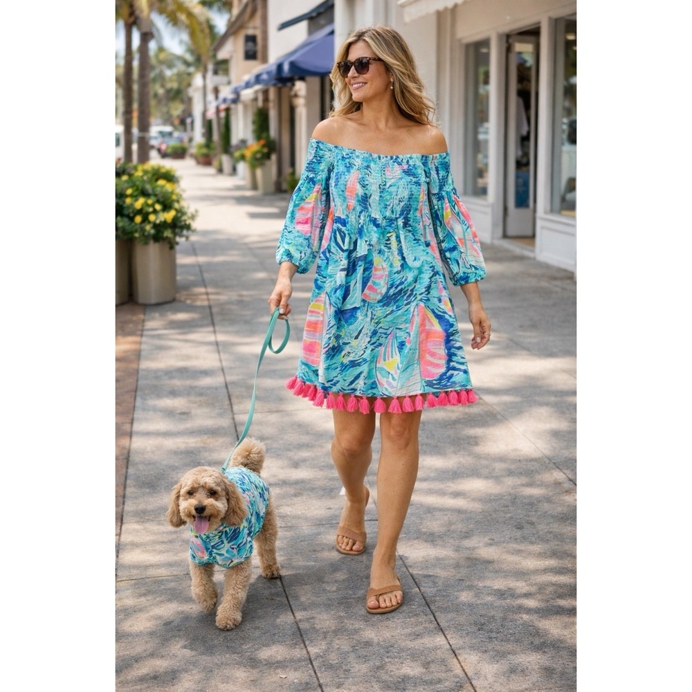 Lilly Pulitzer Trina Beach Dress Sparkling Blue Hey Bay Tassel M Matching Dog - Picture 4 of 8